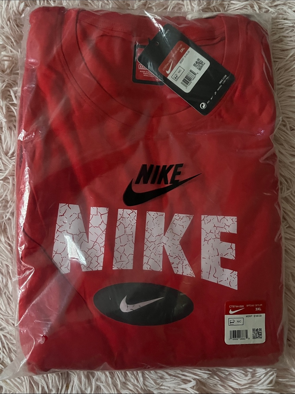 Nike Red Short Sleeve Logo Tee with White Crackle Lettering